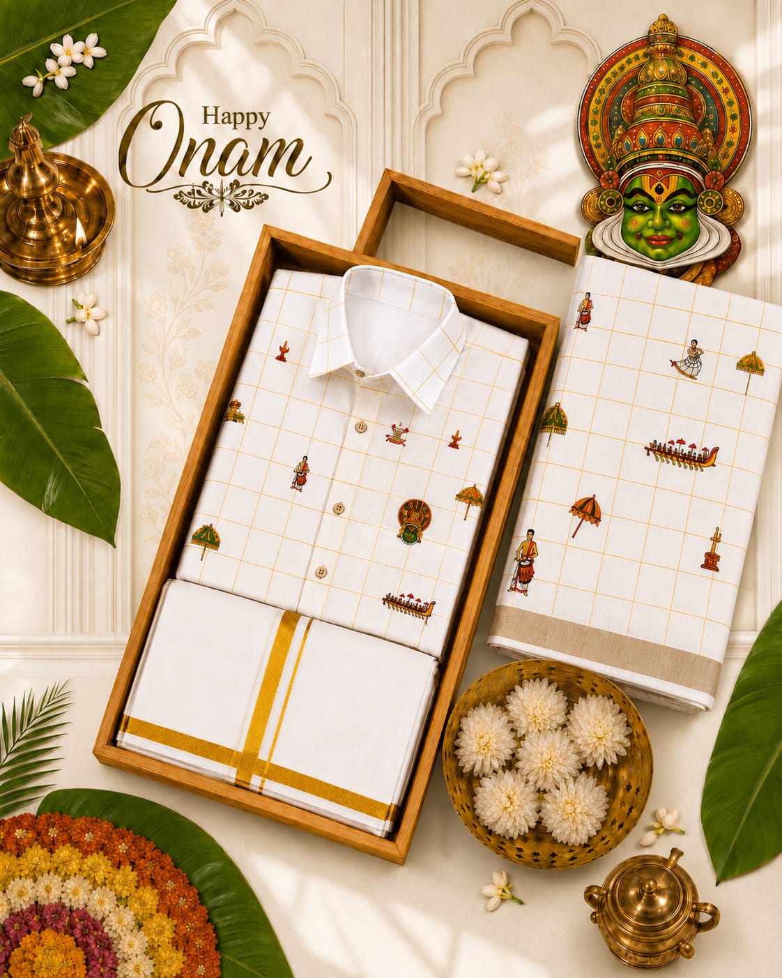 Kerala Onam Cotton Shirt & Gold Kara Mundu Combo Set